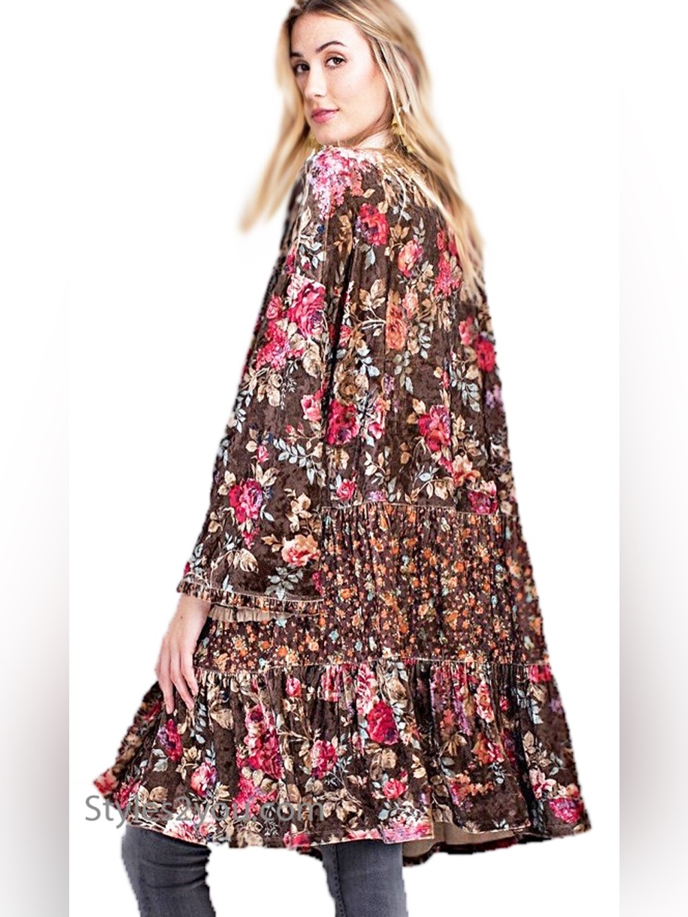 Easel Floral Velvet Tiered Kimono Cardigan Ruffle Trim Size M Western-Boho
